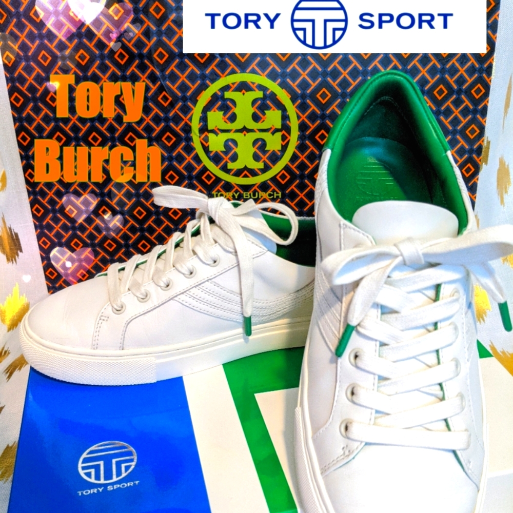 Tory Burch Sneakers Leather White 9.5 Tory Sport Tennis Shoes Authentic in Box